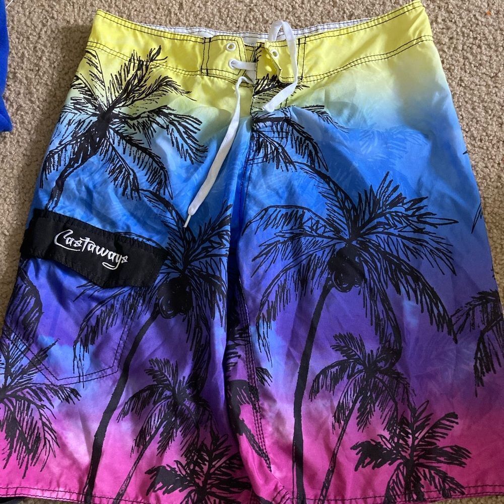 Mens Castaways Colorful Blue and Pink Palm Tree Swim Trunks